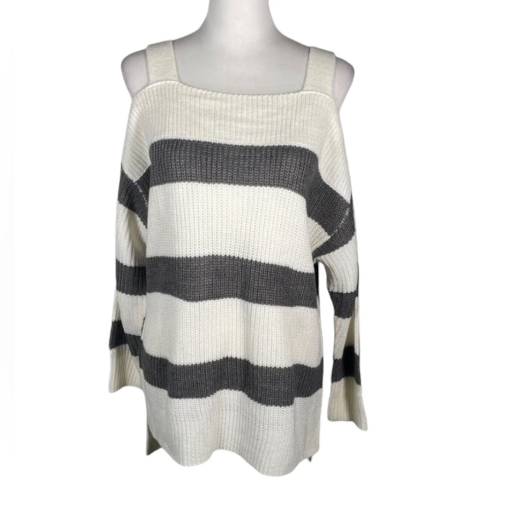 Soho Jeans Ivory Gray Square Neck Ribbed Knit Cold Shoulder 3/4 Sleeve M